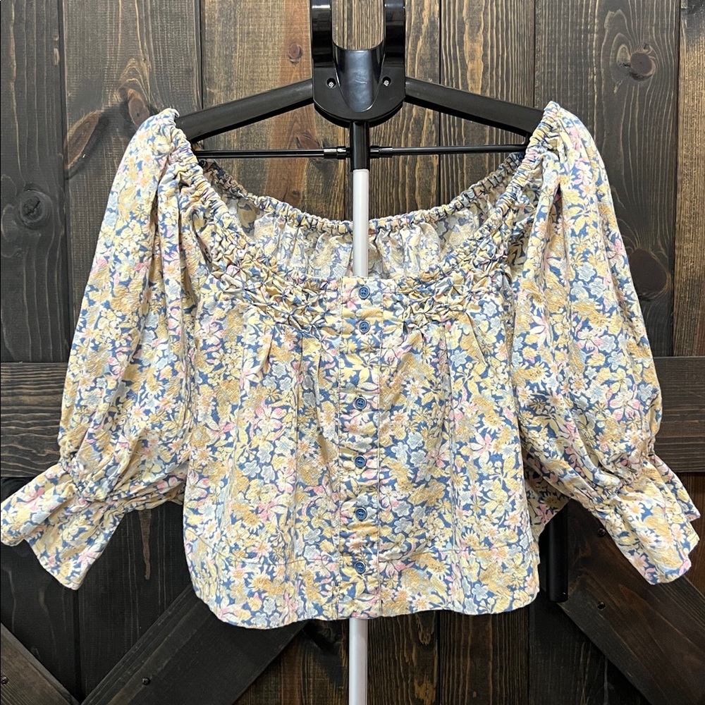 Free People James Smock Top M Floral Chambray Puff Sleeves‎ Crop Boho Festival